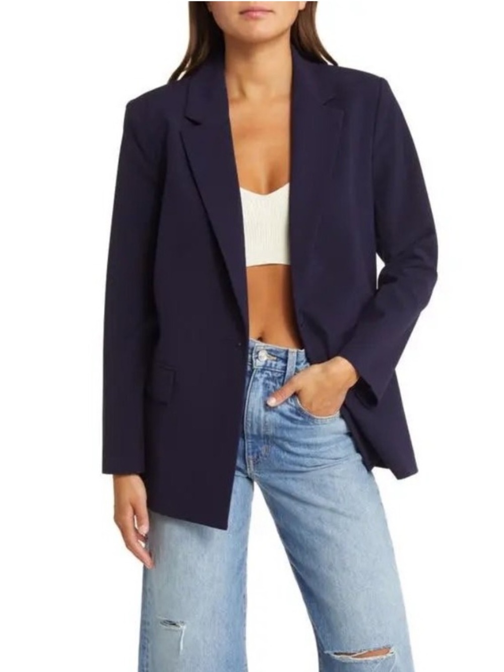 Open Edit Navy Baritone Single Button Blazer